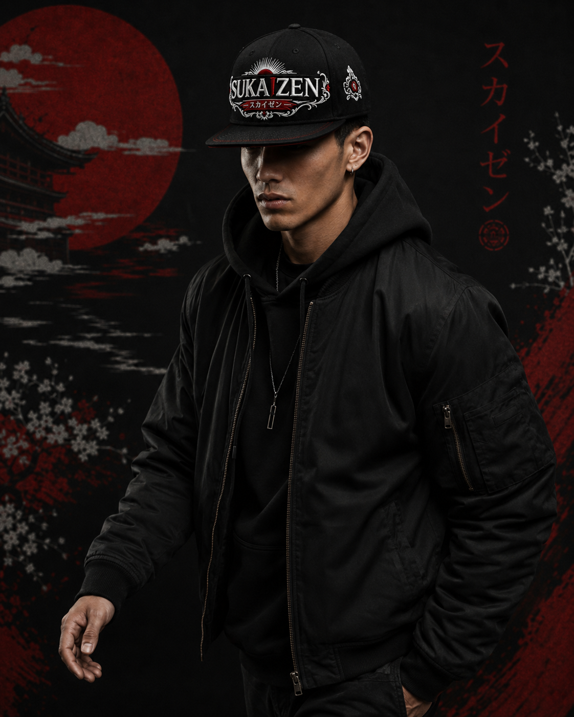 Sukaizen Crimson Crest Embroidered Cap in black with silver and red embroidered logo and snapback design