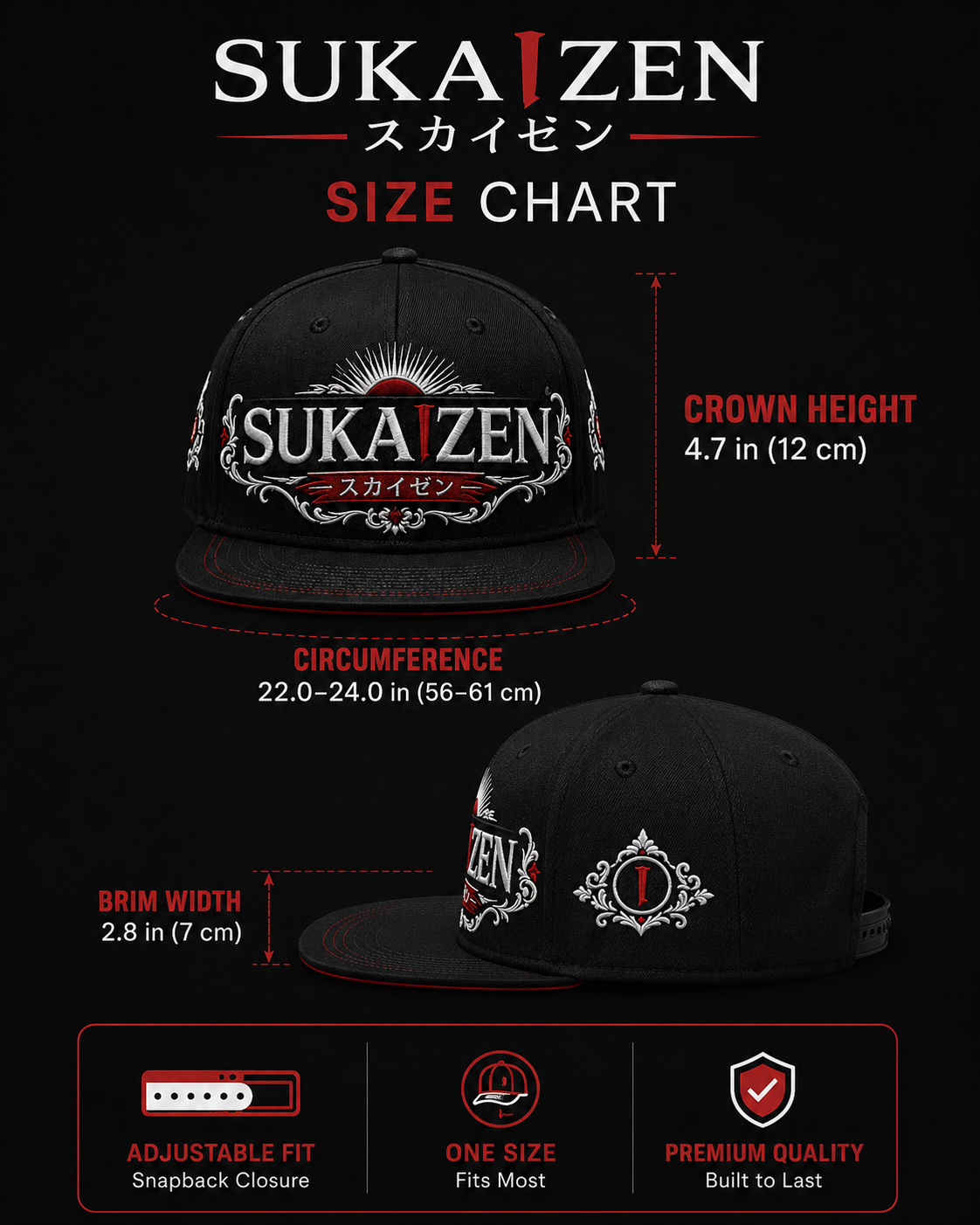 Sukaizen Crimson Crest Embroidered Cap in black with silver and red embroidered logo and snapback design