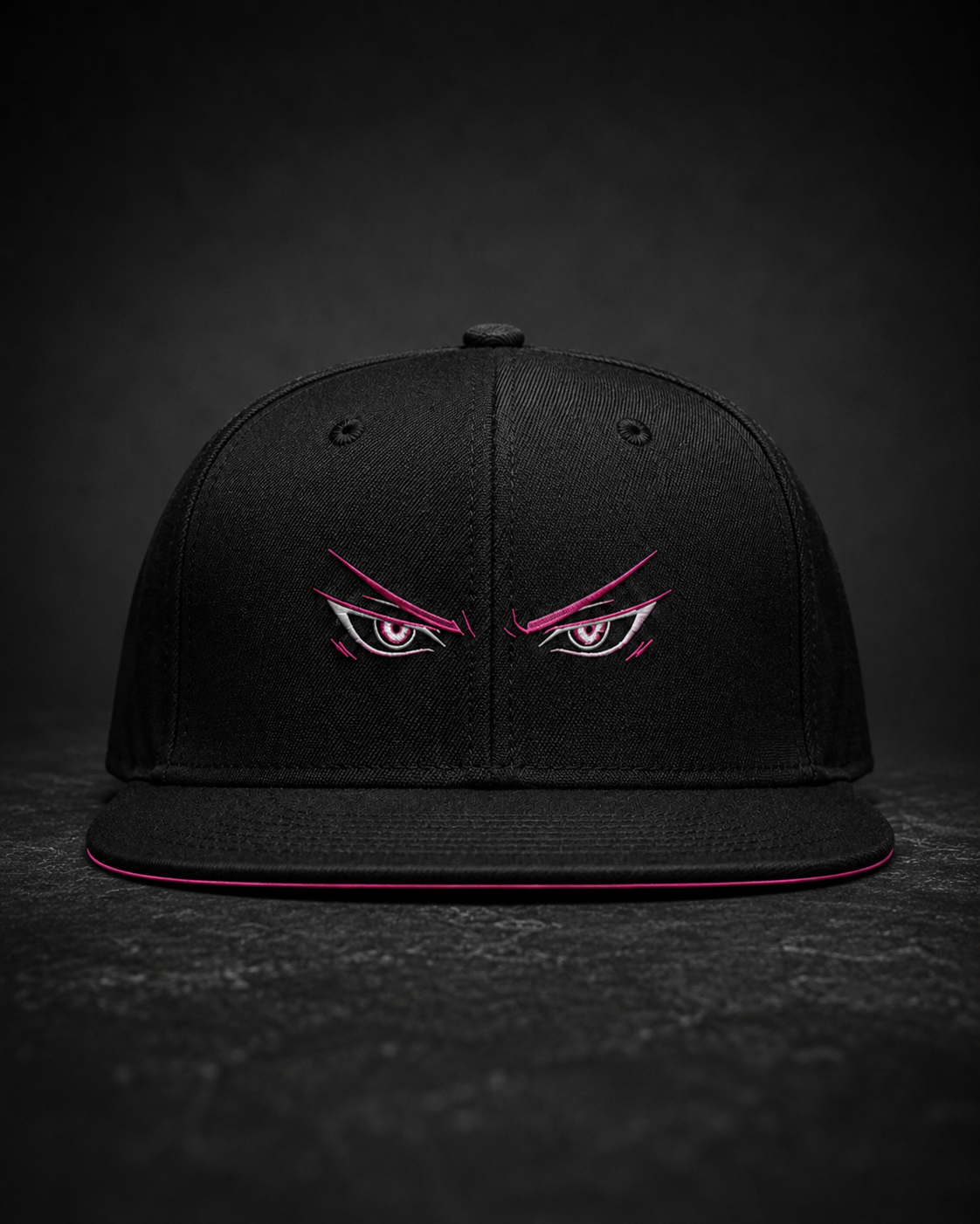 Shadow Anime Eyes Embroidered Cap in black with pink and white anime eye embroidery and flat brim