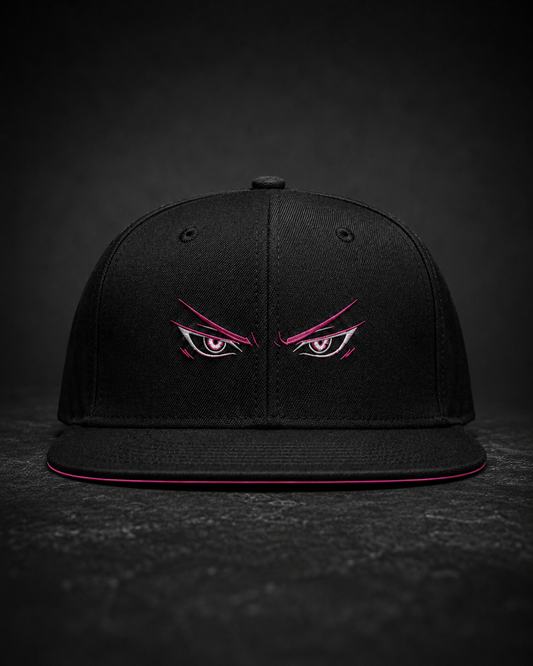 Shadow Anime Eyes Embroidered Cap in black with pink and white anime eye embroidery and flat brim