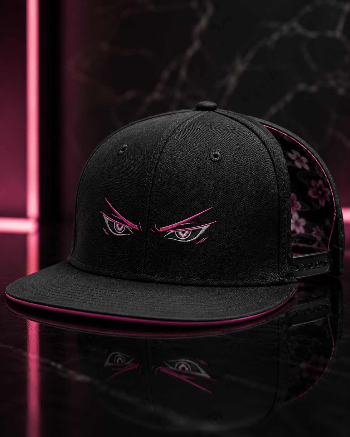 Shadow Anime Eyes Embroidered Cap in black with pink and white anime eye embroidery and flat brim