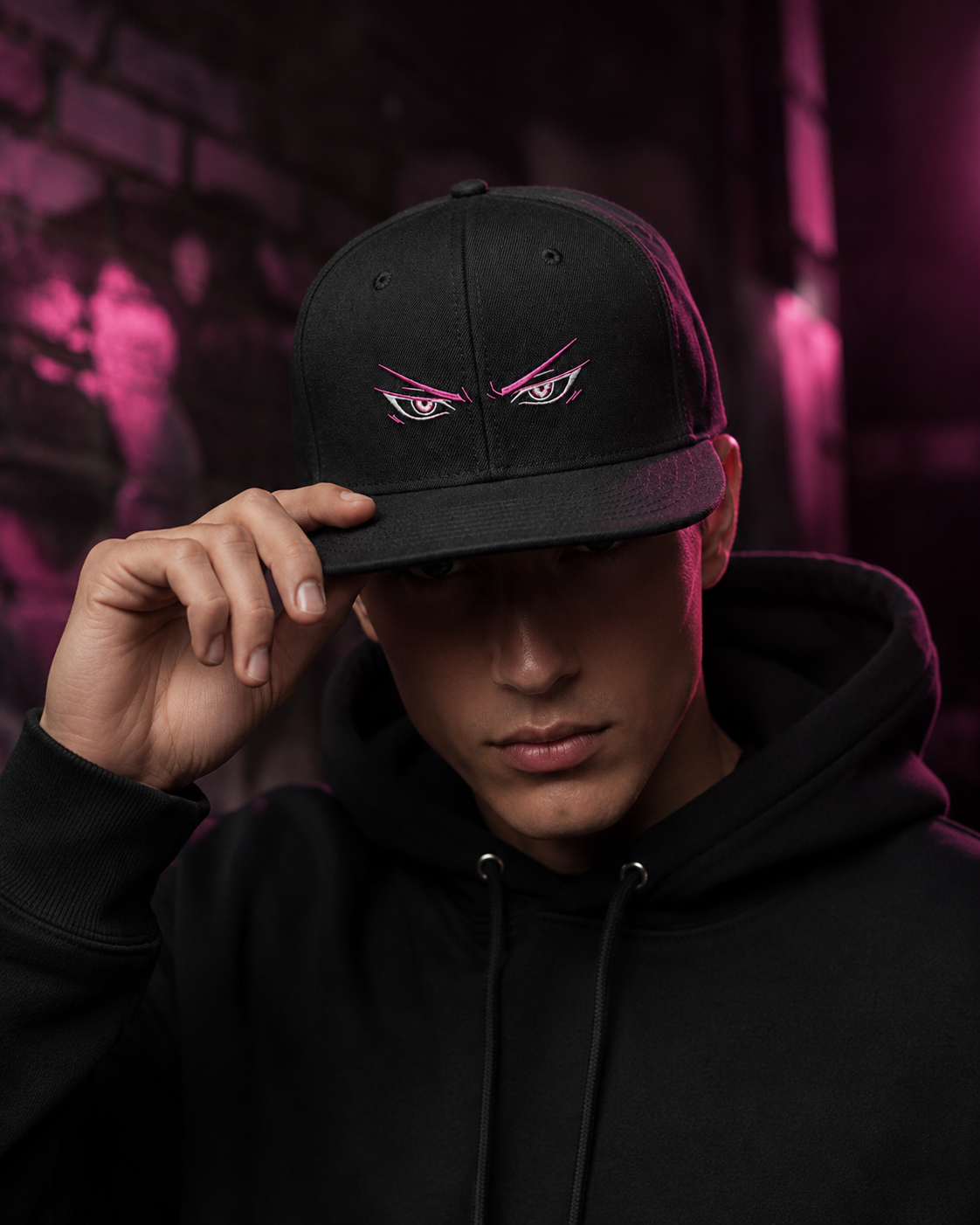 Shadow Anime Eyes Embroidered Cap in black with pink and white anime eye embroidery and flat brim