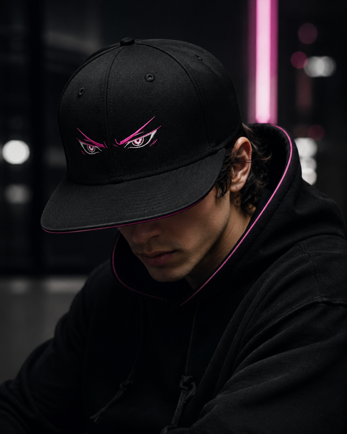 Shadow Anime Eyes Embroidered Cap in black with pink and white anime eye embroidery and flat brim