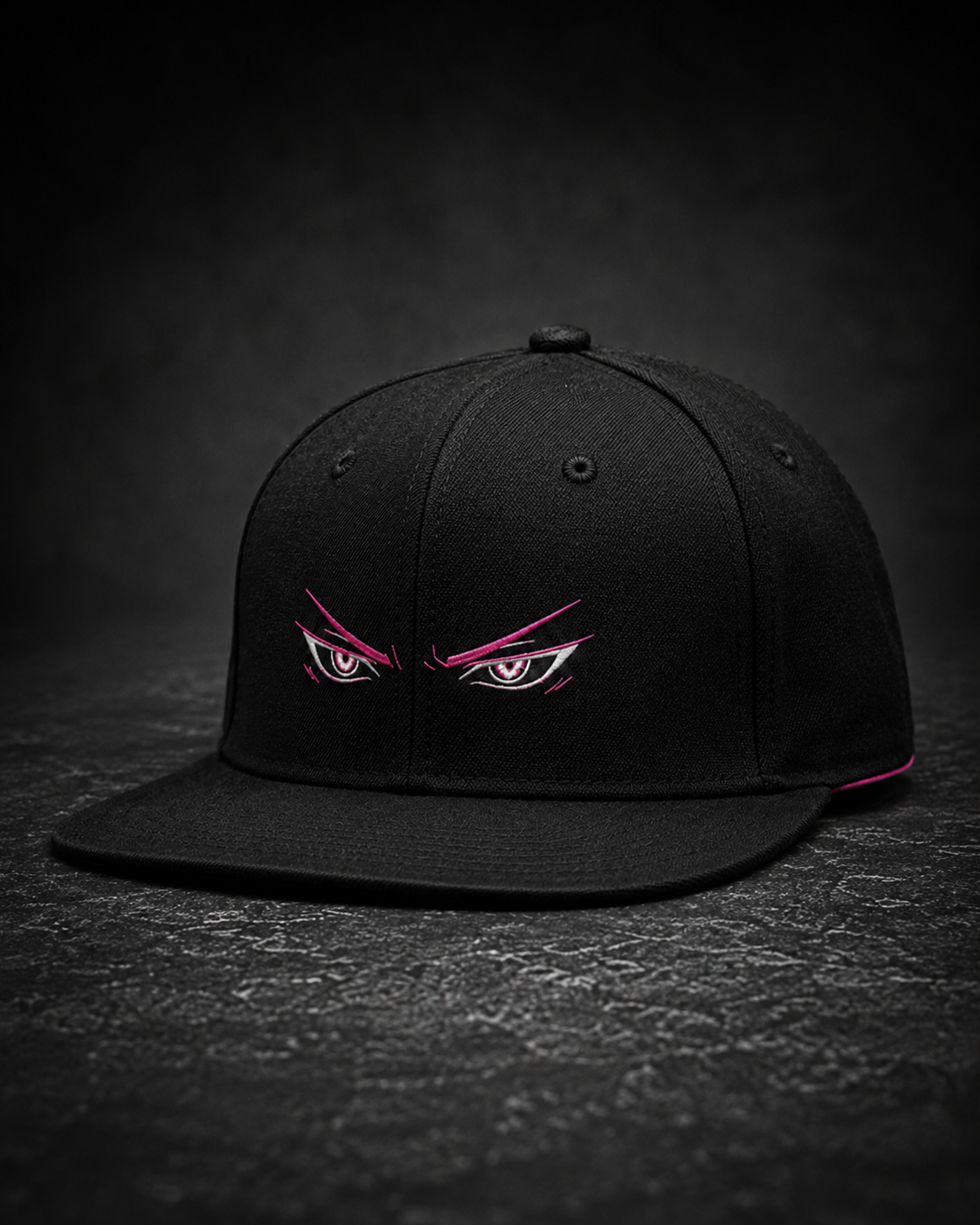 Shadow Anime Eyes Embroidered Cap in black with pink and white anime eye embroidery and flat brim