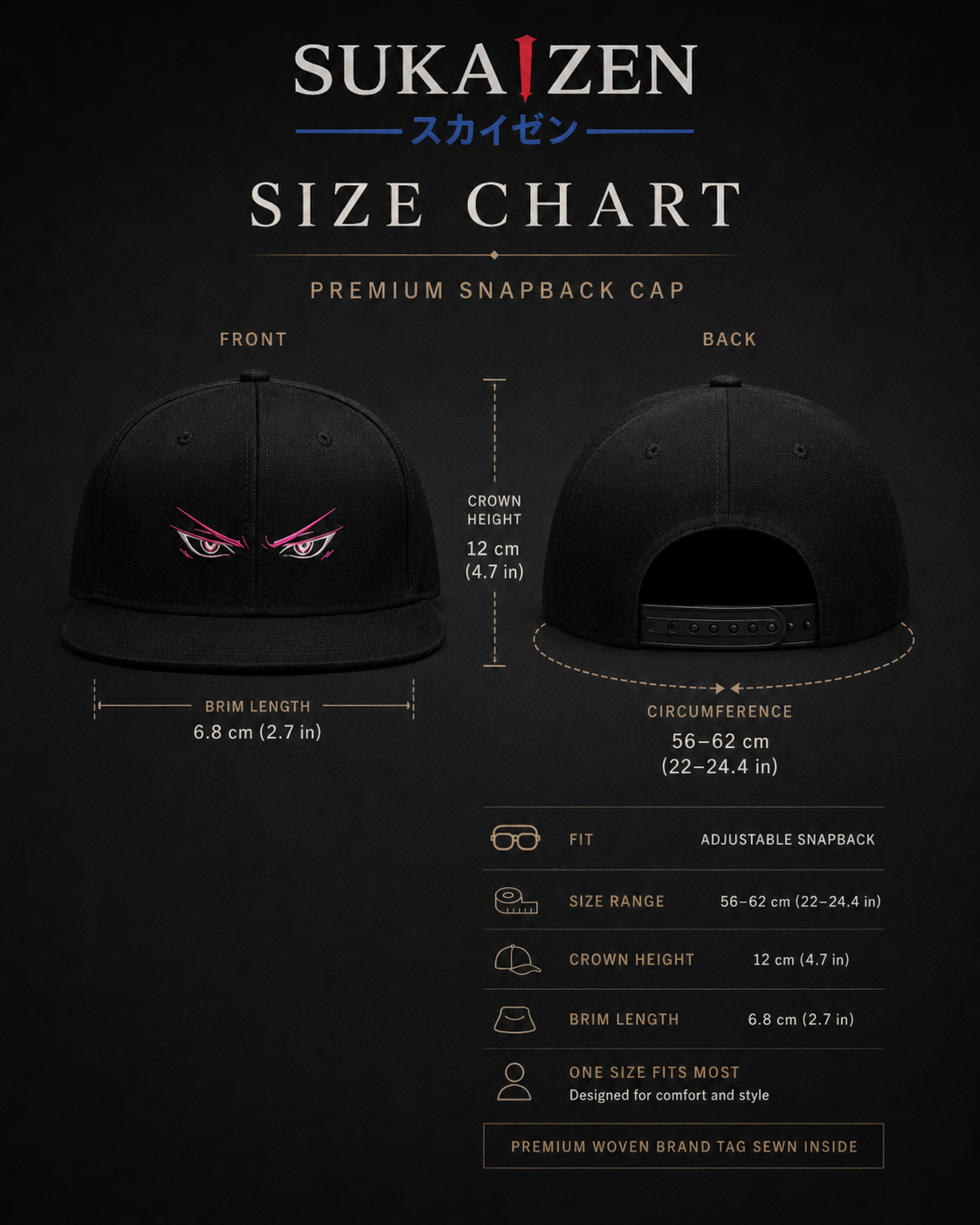Shadow Anime Eyes Embroidered Cap in black with pink and white anime eye embroidery and flat brim