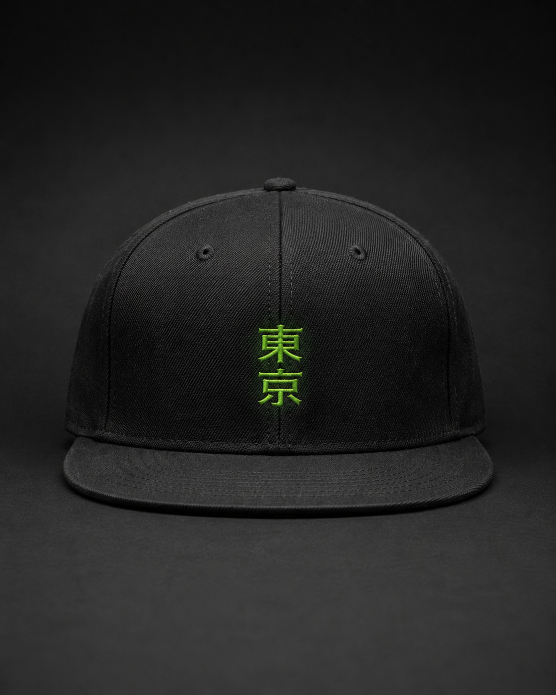 Tokyo Neon Kanji Embroidered Cap in black with neon green Japanese kanji embroidery and flat brim