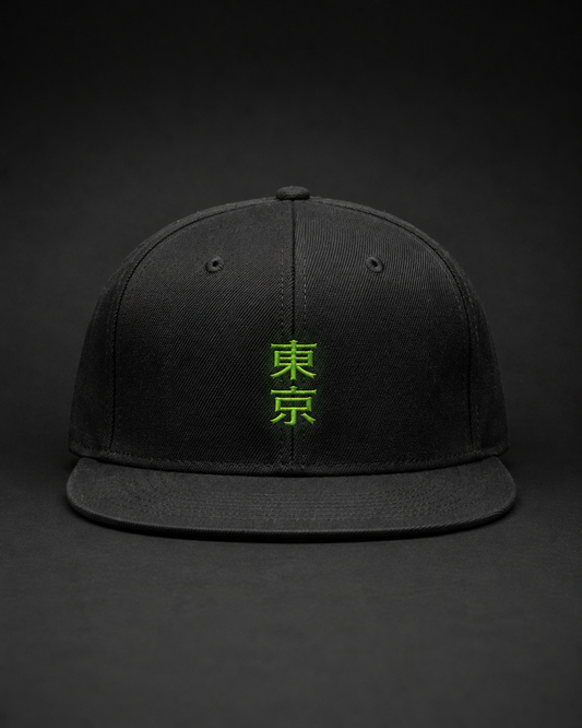 Tokyo Neon Kanji Embroidered Cap in black with neon green Japanese kanji embroidery and flat brim