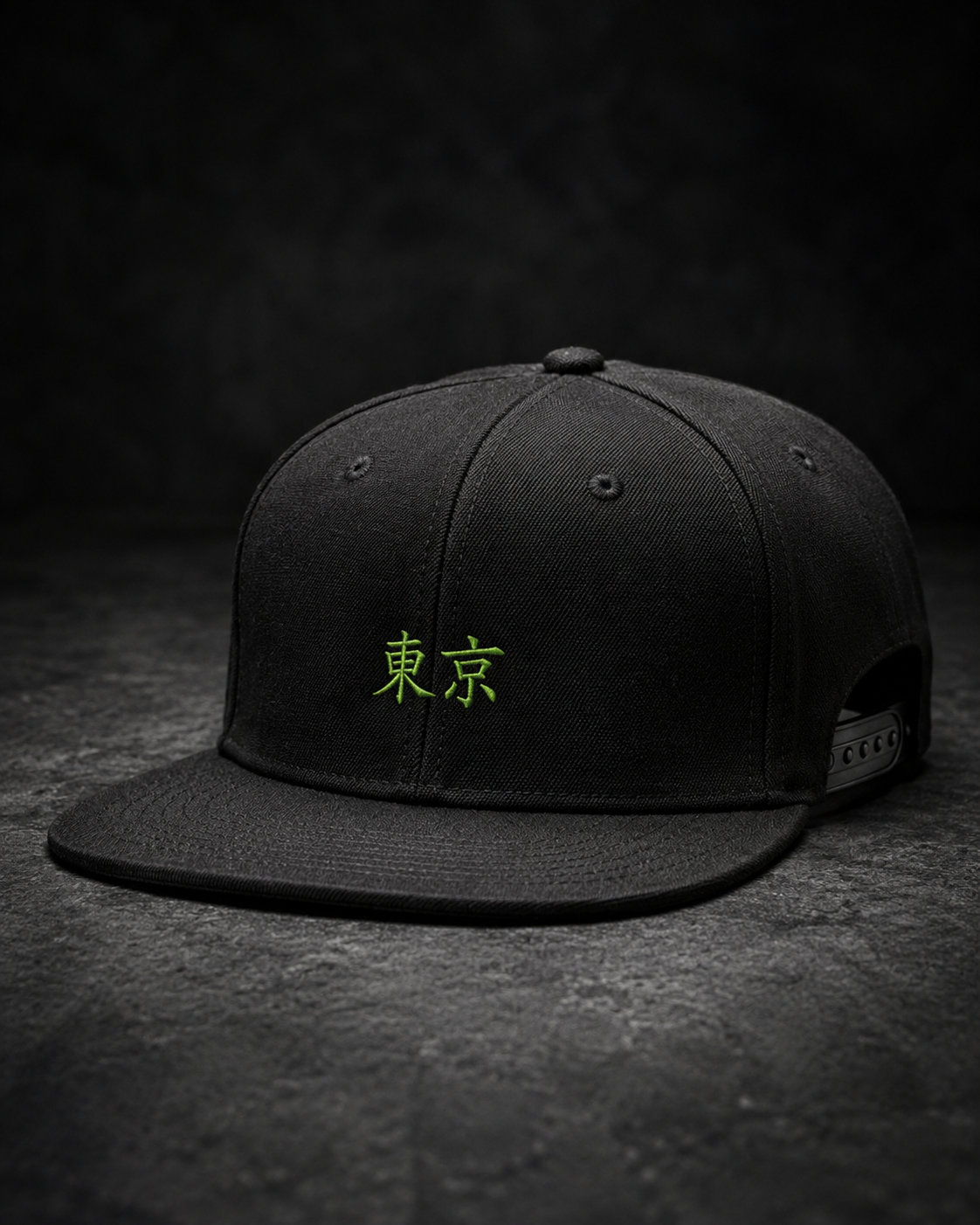 Tokyo Neon Kanji Embroidered Cap in black with neon green Japanese kanji embroidery and flat brim
