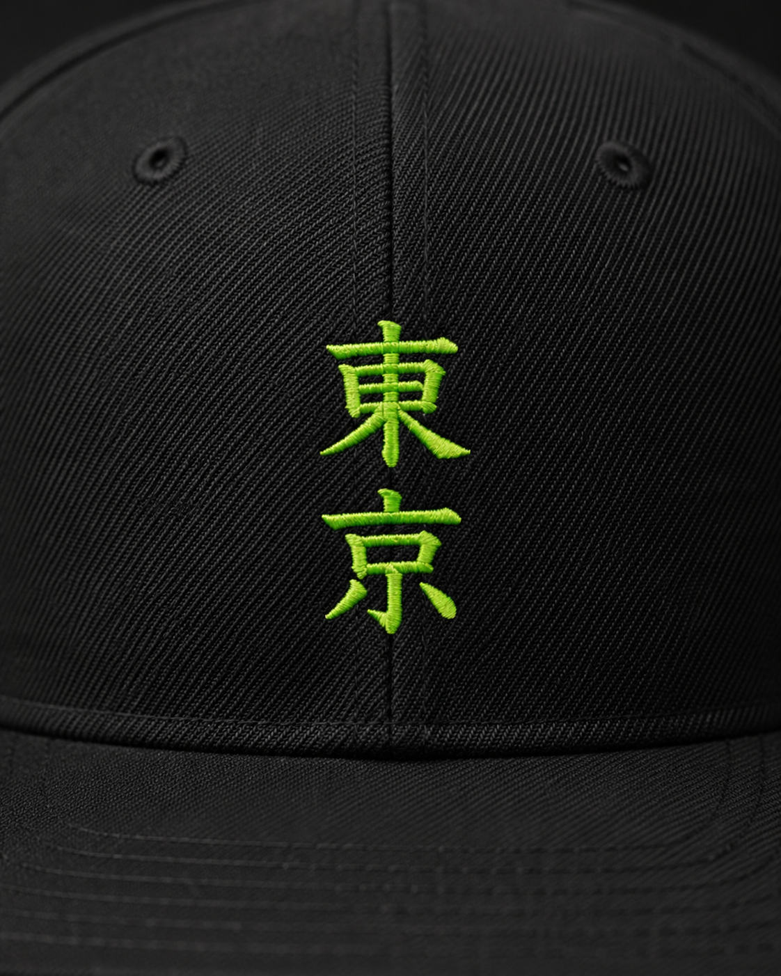 Tokyo Neon Kanji Embroidered Cap in black with neon green Japanese kanji embroidery and flat brim