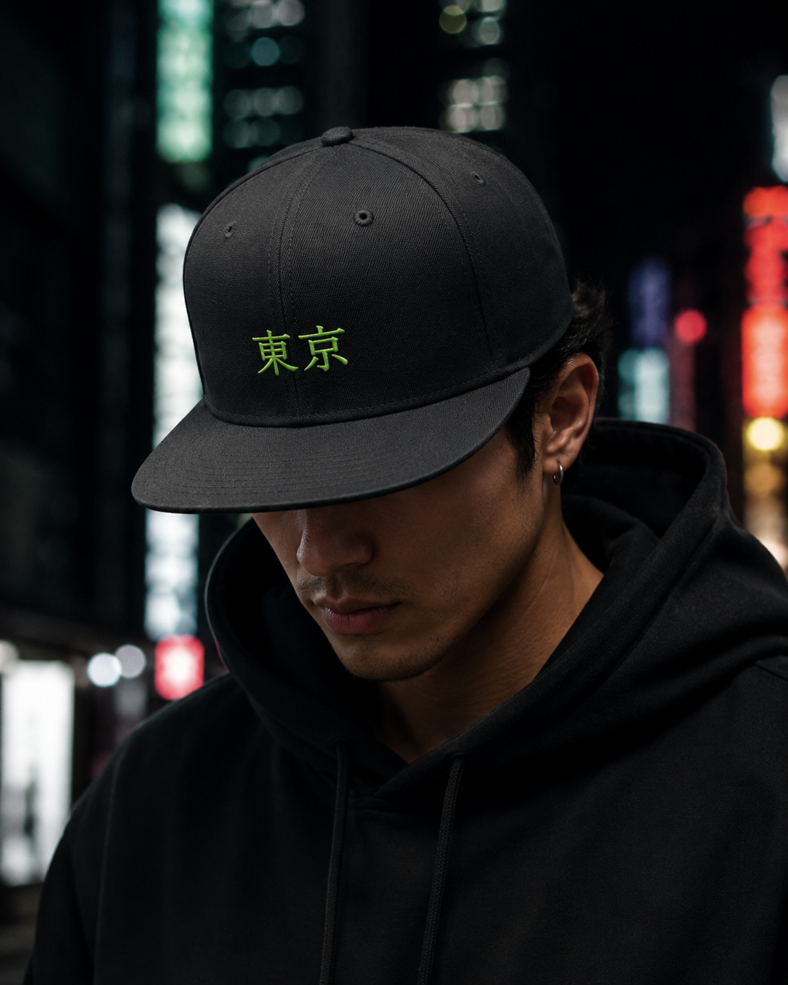Tokyo Neon Kanji Embroidered Cap in black with neon green Japanese kanji embroidery and flat brim