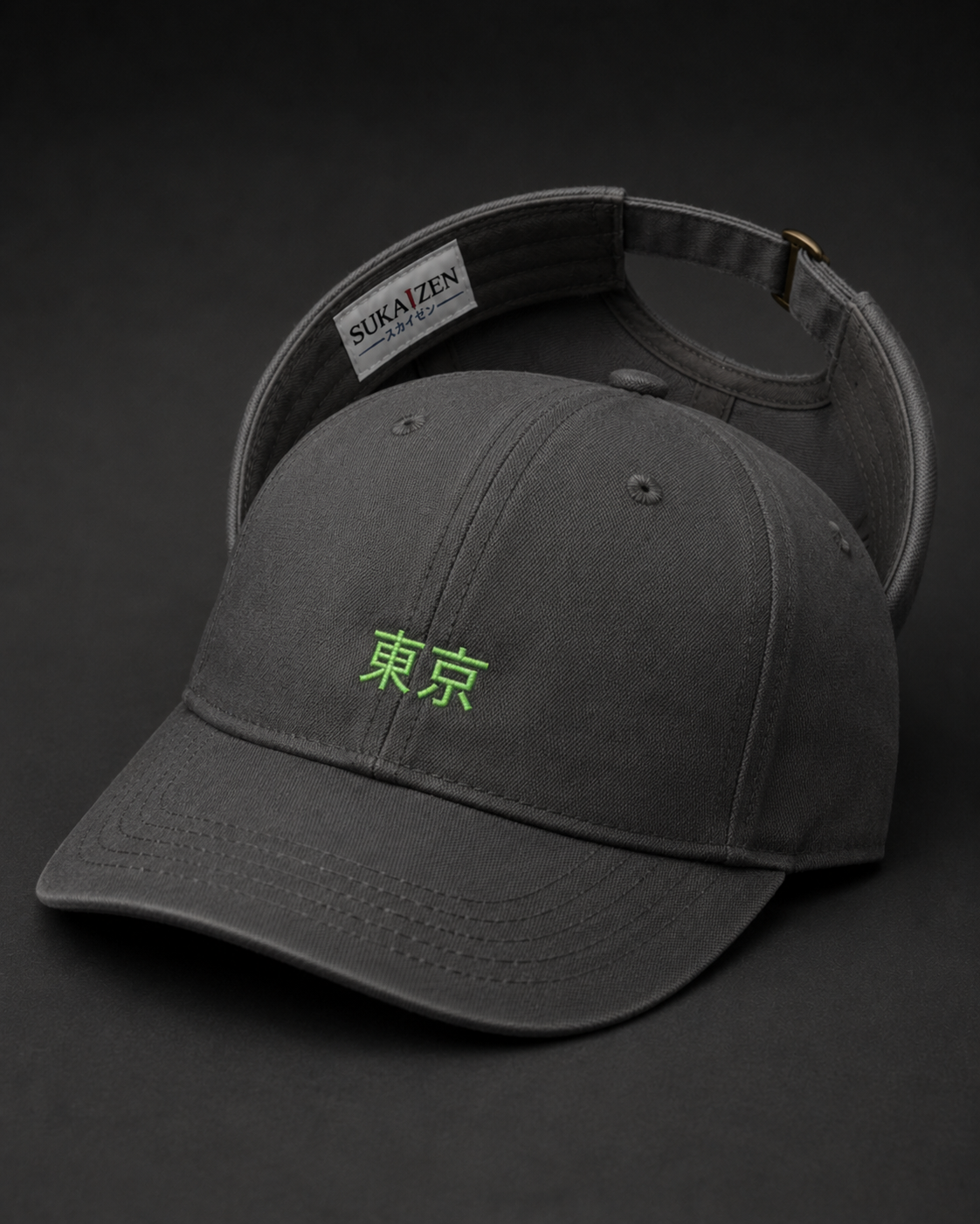 Tokyo Neon Kanji Embroidered Cap in black with neon green Japanese kanji embroidery and flat brim