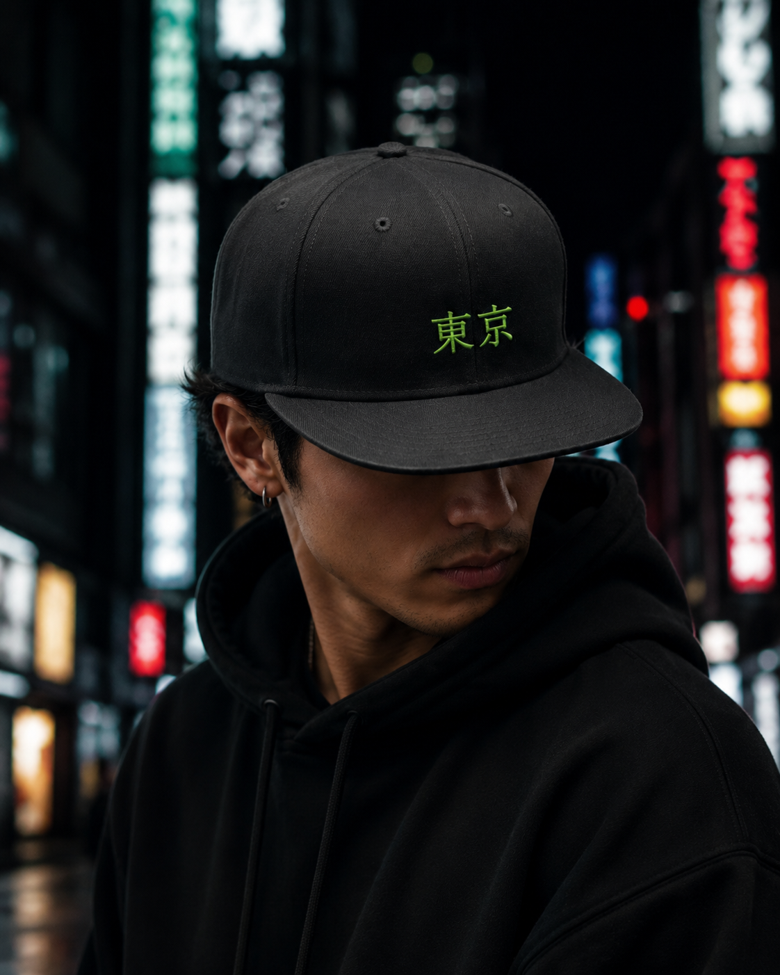 Tokyo Neon Kanji Embroidered Cap in black with neon green Japanese kanji embroidery and flat brim
