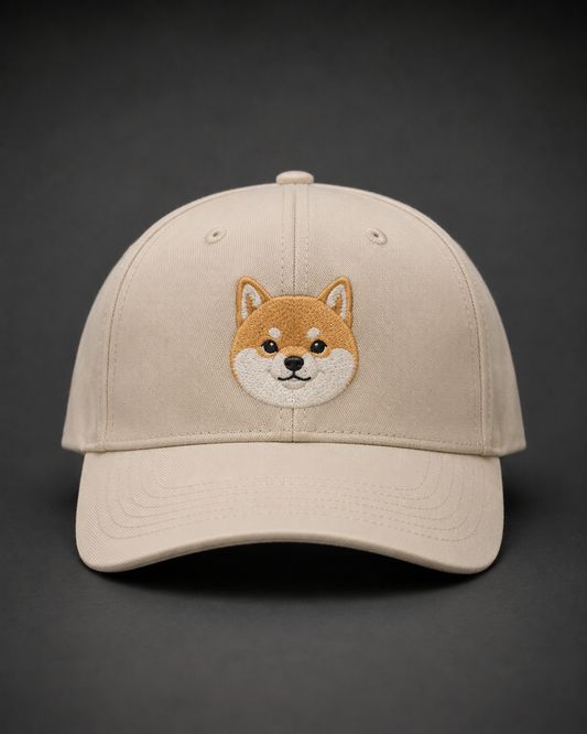 Shiba Inu Embroidered Cap in cream with tan and white dog face embroidery