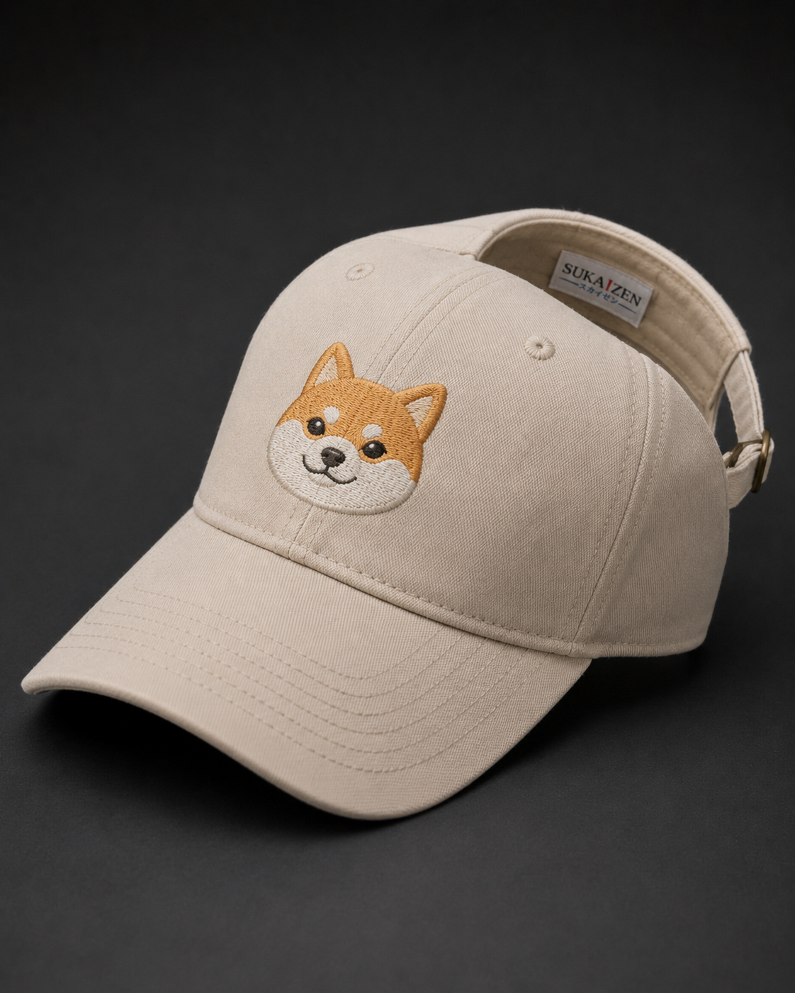 Shiba Inu Embroidered Cap in cream with tan and white dog face embroidery