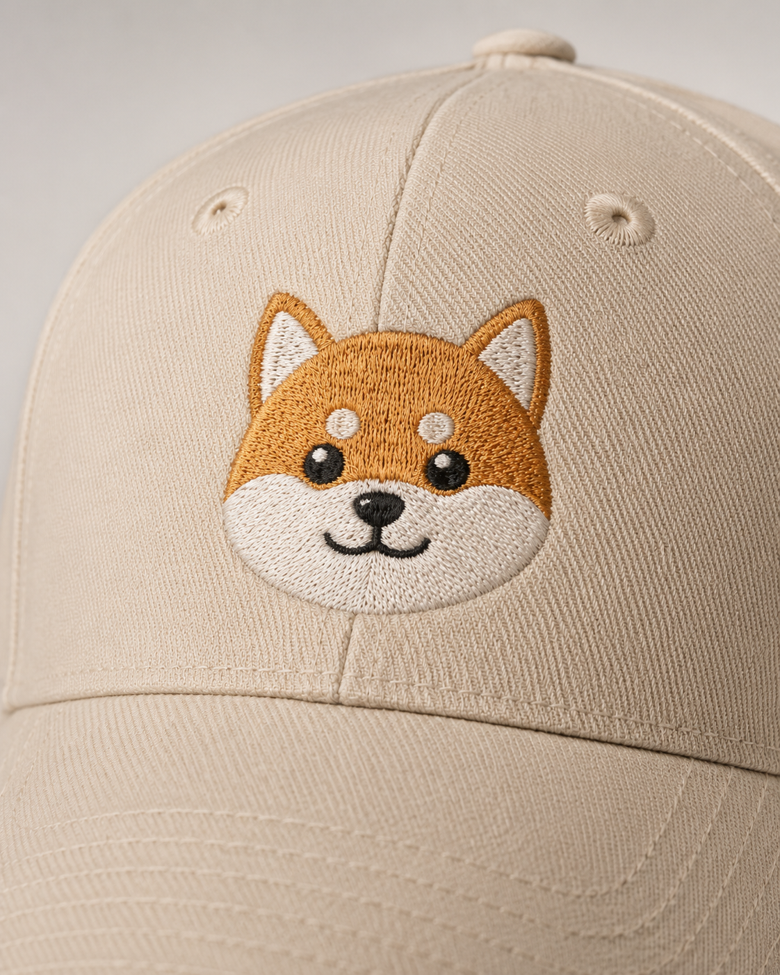 Shiba Inu Embroidered Cap in cream with tan and white dog face embroidery