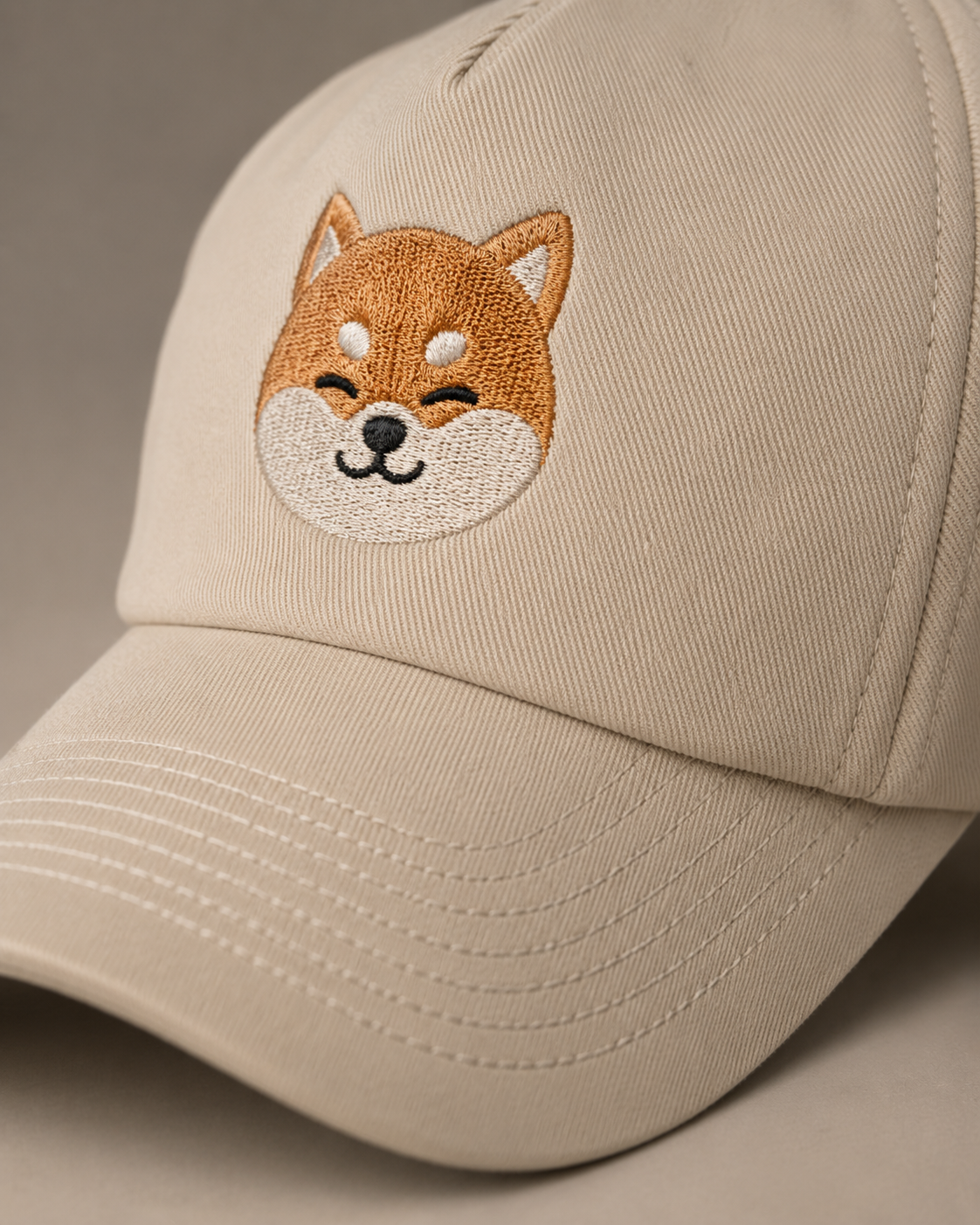Shiba Inu Embroidered Cap in cream with tan and white dog face embroidery