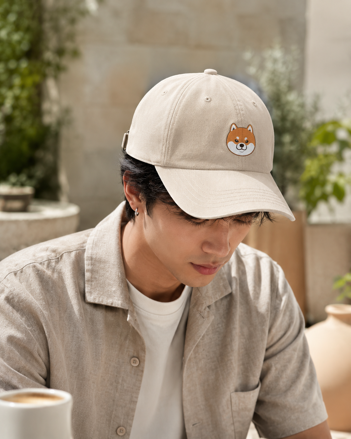 Shiba Inu Embroidered Cap in cream with tan and white dog face embroidery