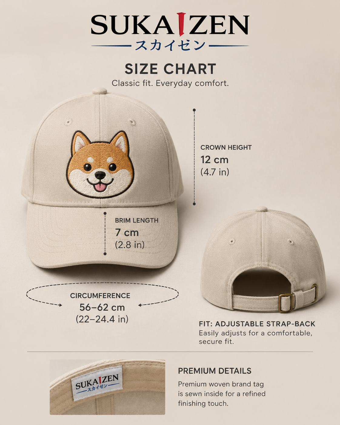Shiba Inu Embroidered Cap in cream with tan and white dog face embroidery