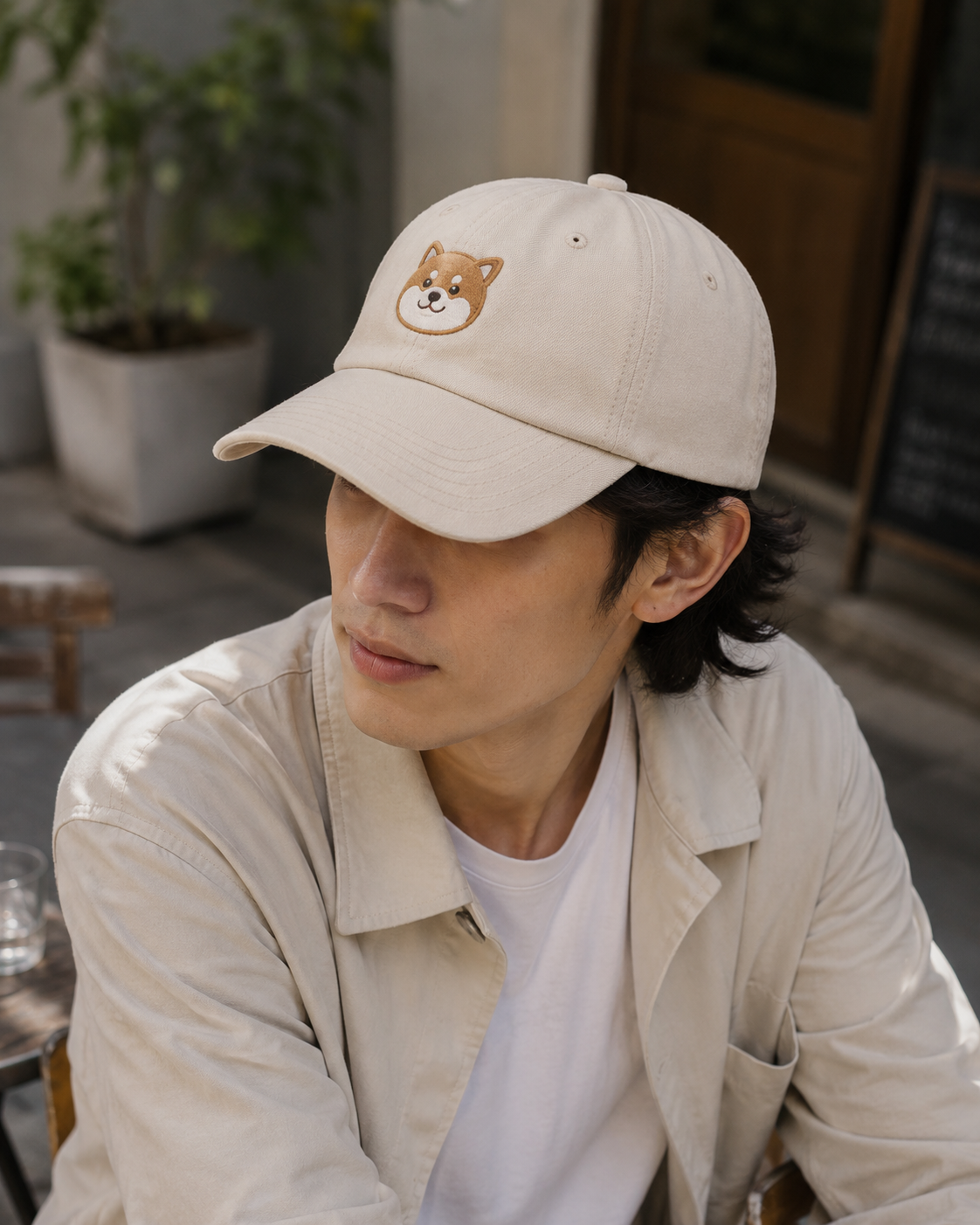 Shiba Inu Embroidered Cap in cream with tan and white dog face embroidery