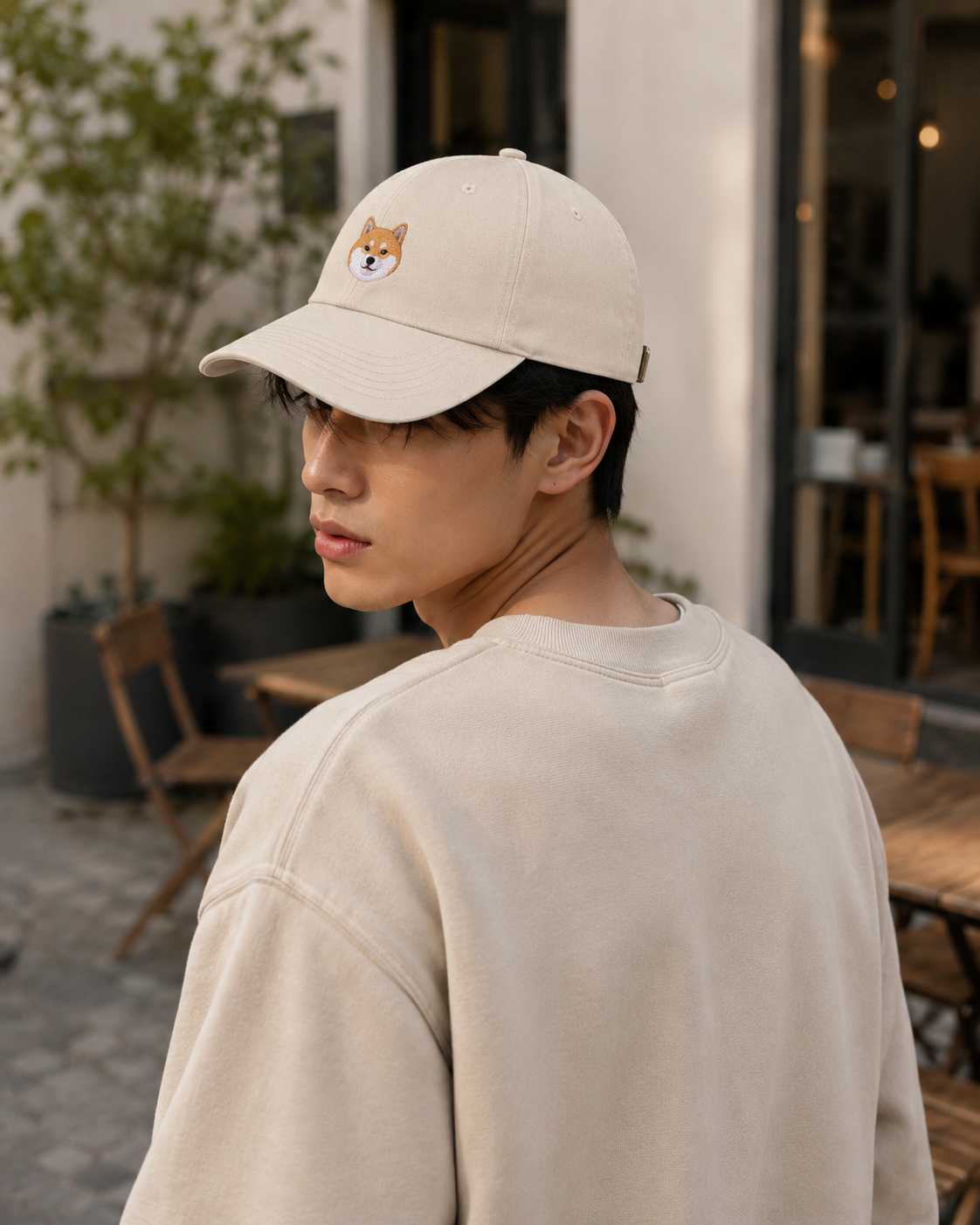 Shiba Inu Embroidered Cap in cream with tan and white dog face embroidery