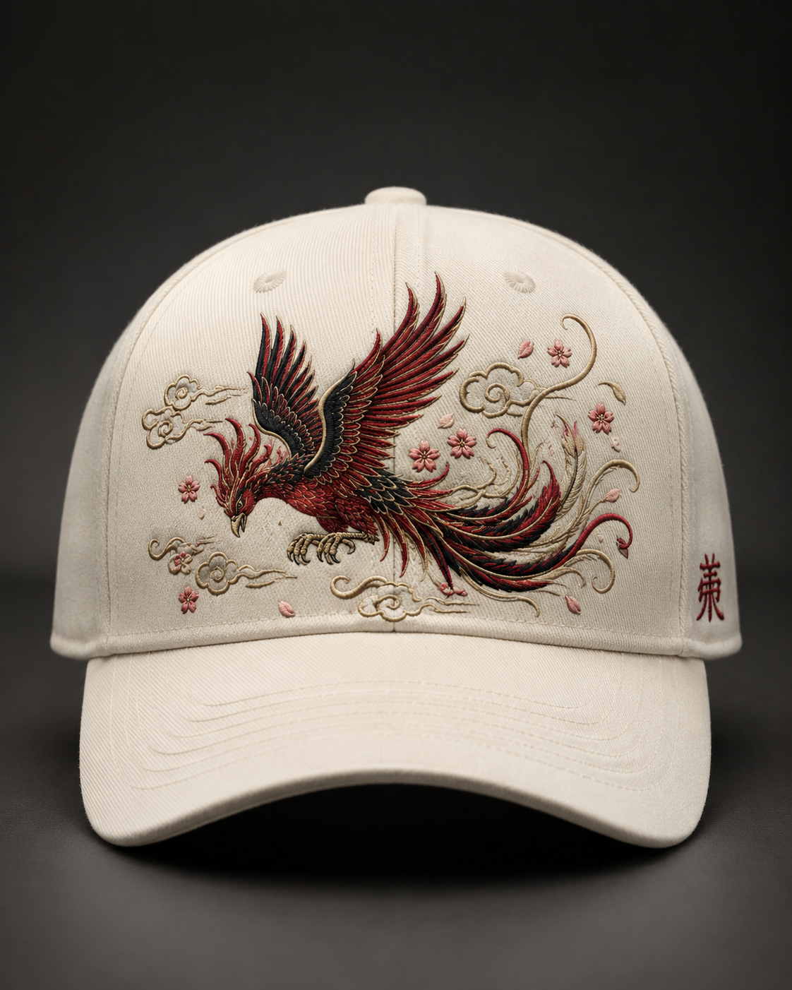 Sakura Phoenix Embroidered Cap in cream with red black phoenix sakura blossom and cloud embroidery