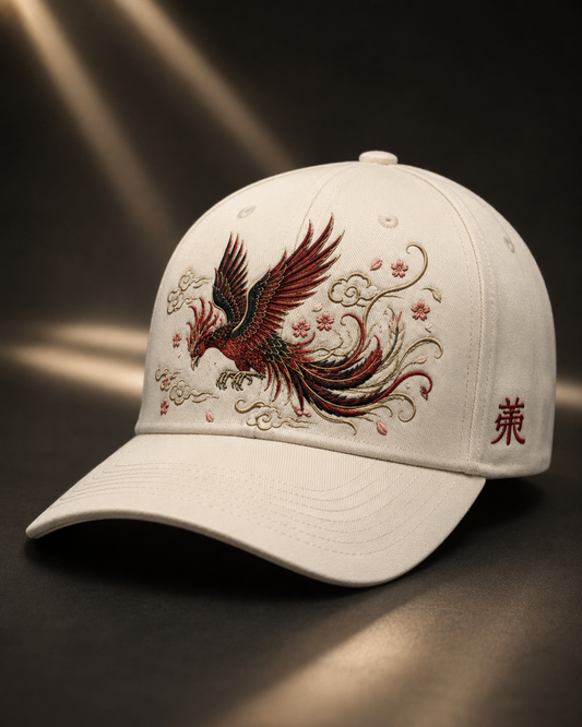 Sakura Phoenix Embroidered Cap in cream with red black phoenix sakura blossom and cloud embroidery