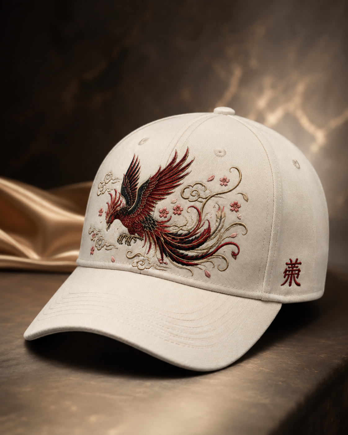 Sakura Phoenix Embroidered Cap in cream with red black phoenix sakura blossom and cloud embroidery
