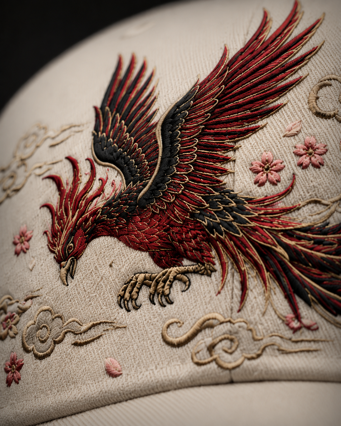 Sakura Phoenix Embroidered Cap in cream with red black phoenix sakura blossom and cloud embroidery