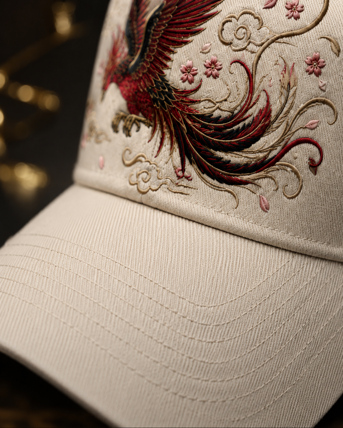 Sakura Phoenix Embroidered Cap in cream with red black phoenix sakura blossom and cloud embroidery