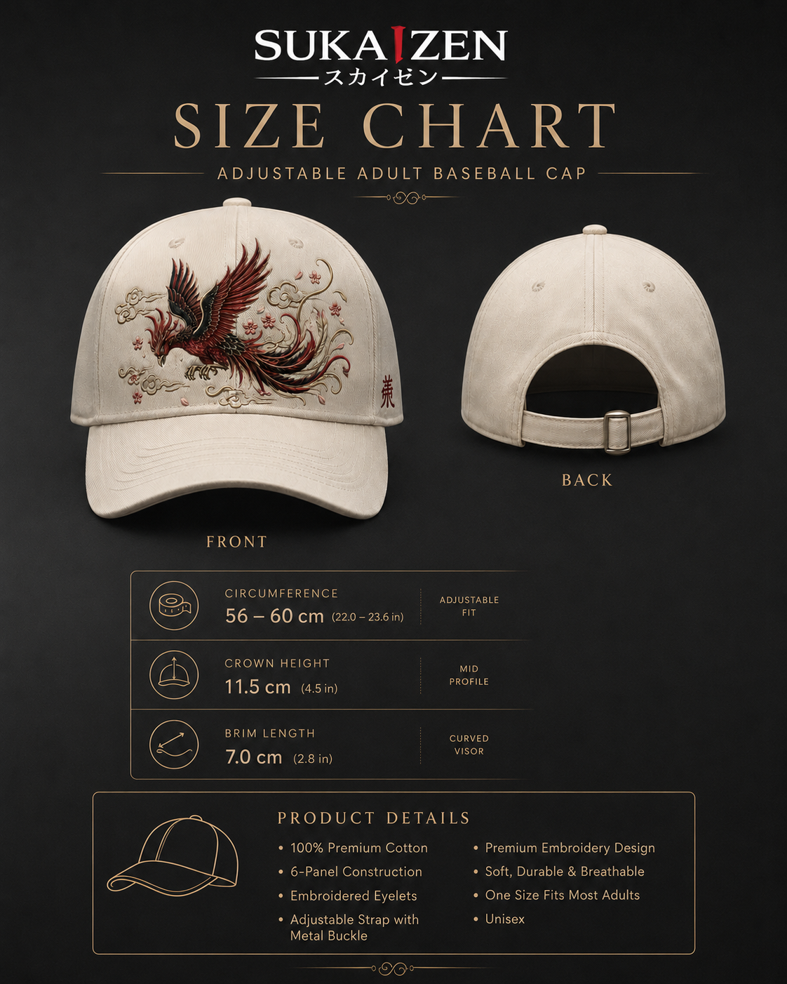 Sakura Phoenix Embroidered Cap in cream with red black phoenix sakura blossom and cloud embroidery
