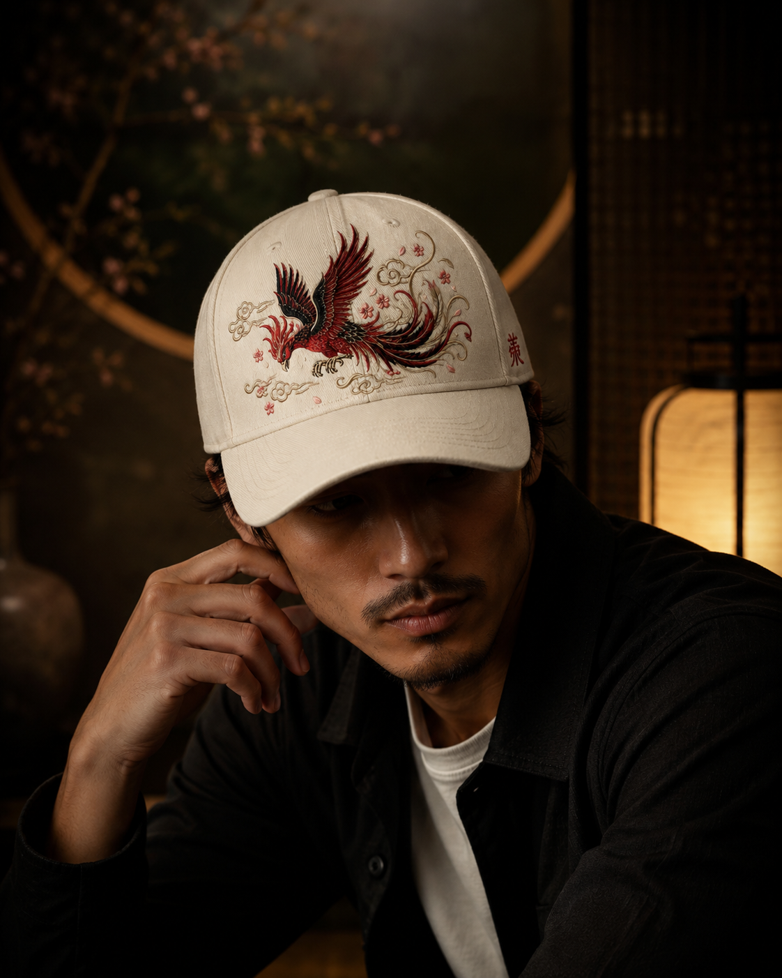 Sakura Phoenix Embroidered Cap in cream with red black phoenix sakura blossom and cloud embroidery