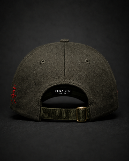 Serpent Bloom Embroidered Cap in charcoal grey with coiled serpent and red spider lily embroidery
