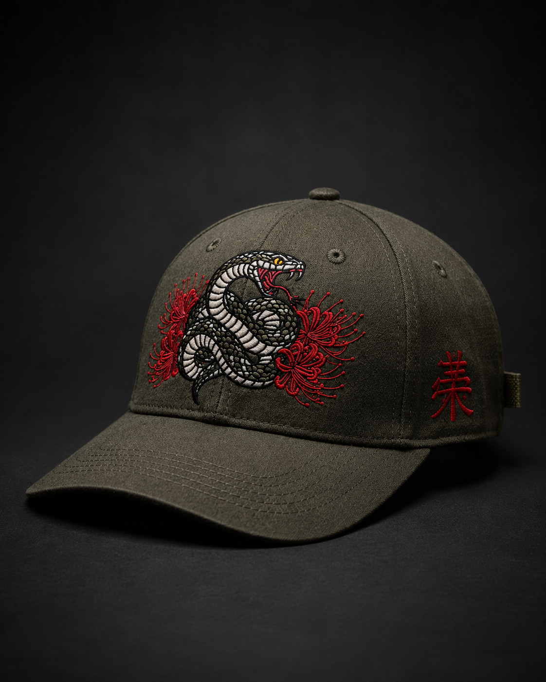 Serpent Bloom Embroidered Cap in charcoal grey with coiled serpent and red spider lily embroidery