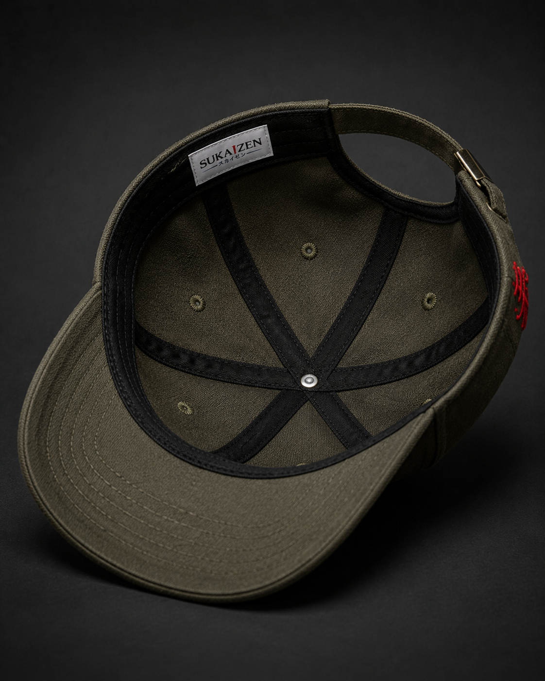 Serpent Bloom Embroidered Cap in charcoal grey with coiled serpent and red spider lily embroidery