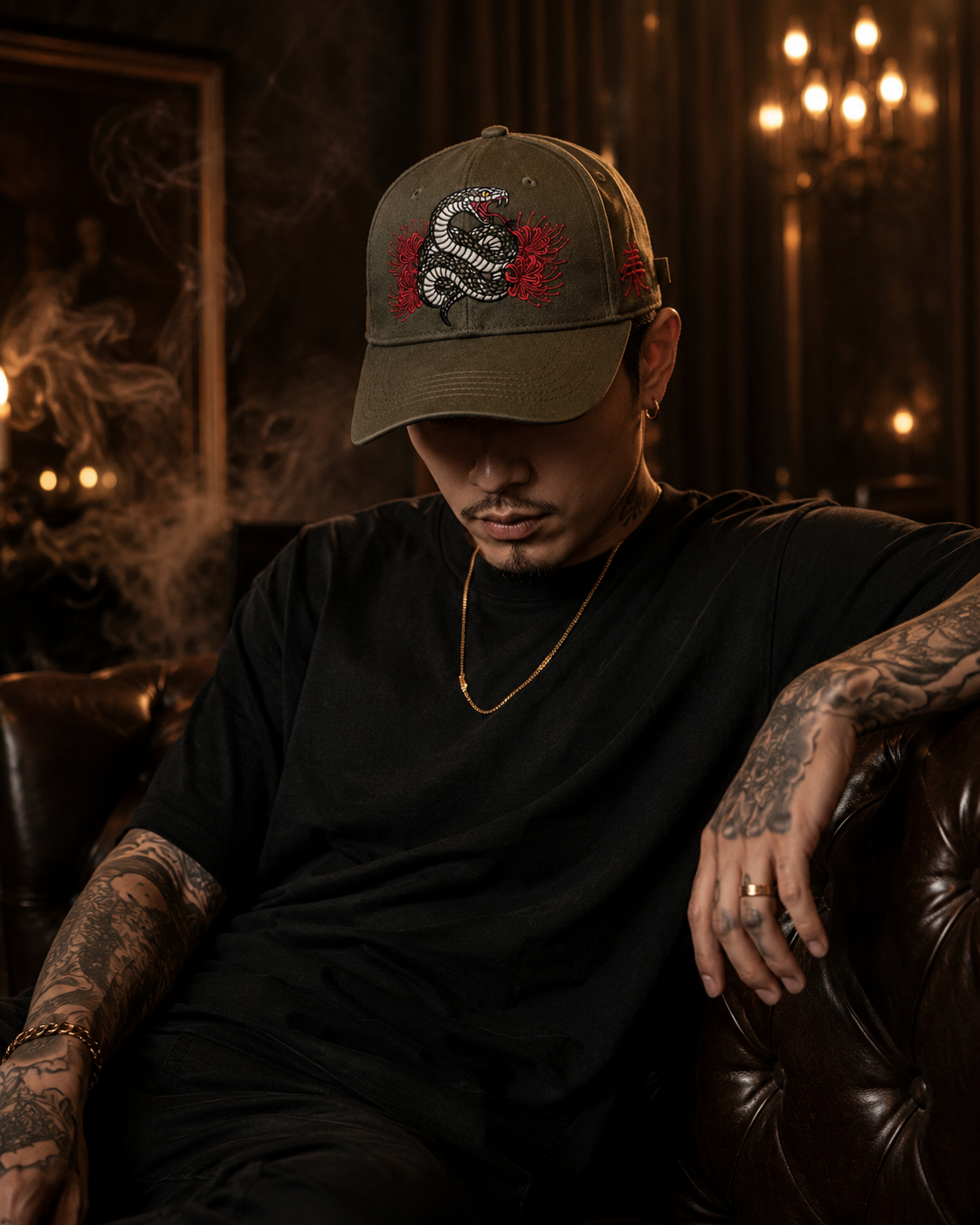 Serpent Bloom Embroidered Cap in charcoal grey with coiled serpent and red spider lily embroidery
