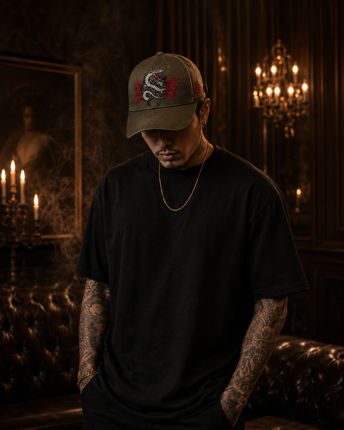 Serpent Bloom Embroidered Cap in charcoal grey with coiled serpent and red spider lily embroidery