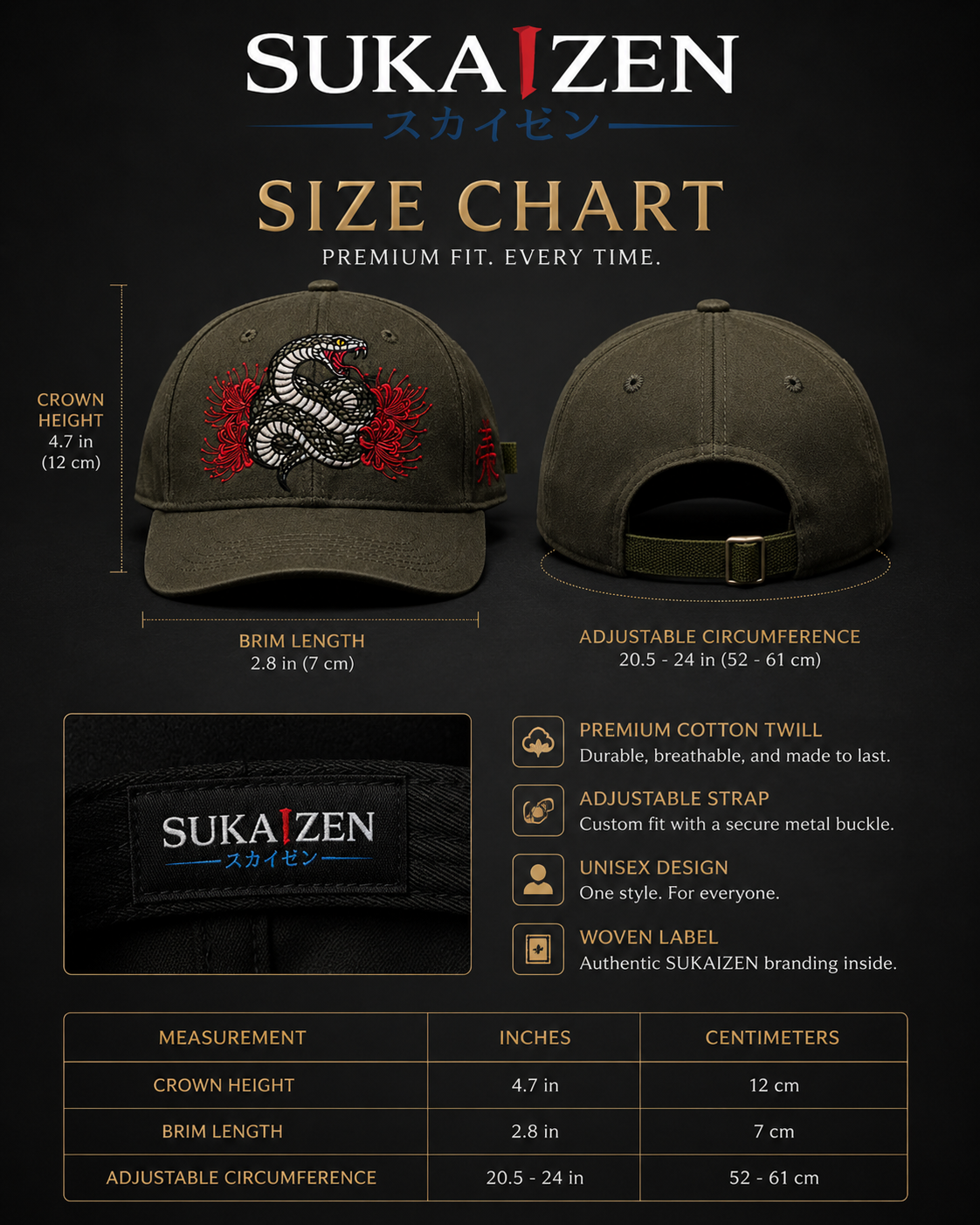 Serpent Bloom Embroidered Cap in charcoal grey with coiled serpent and red spider lily embroidery